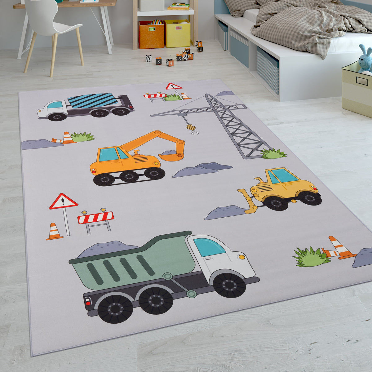 Kids Play-Mat Bob Construction Site with Trucks & Cranes in Grey