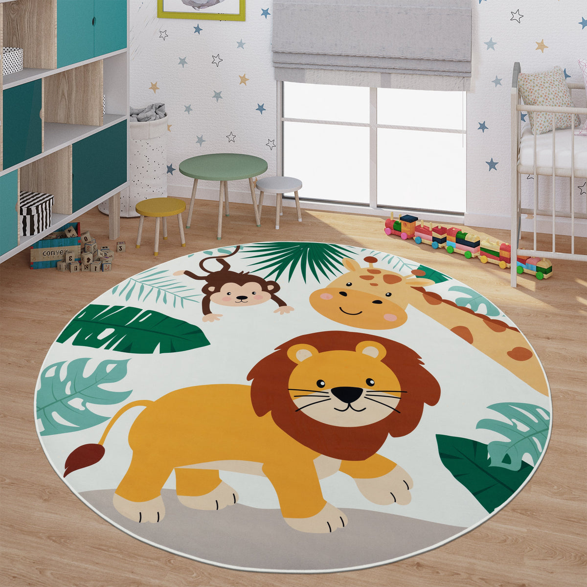 Kids Rug Lilo Jungle Animal Play Mat with Lion Giraffe Monkey in Beige