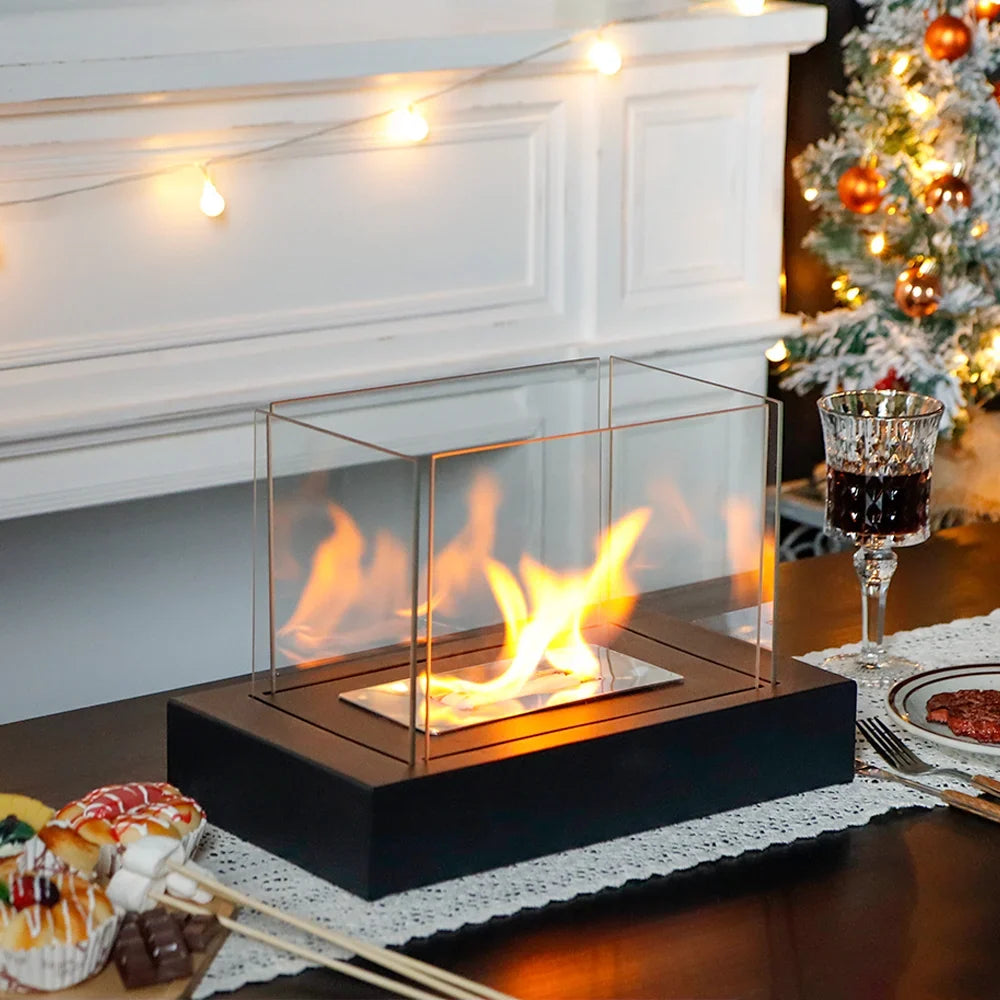 360° View Rectangular Tabletop Fireplace Fire Bowl With Four-Sided Glass