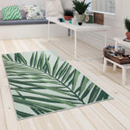 Outdoor Rug Green Beige with Palm Leaf Pattern for Patio Terrace Flat Weave